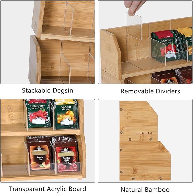 2-Layer Stackable Bamboo Tea Bag Organizer Storage Holder, Natural | Holds 150 tea bags, Removable Compartments, Wood, Acrylic dividers, 12.2 x 5.9 x 9.25 in, for Cabinet, Countertop, Office - Image 5