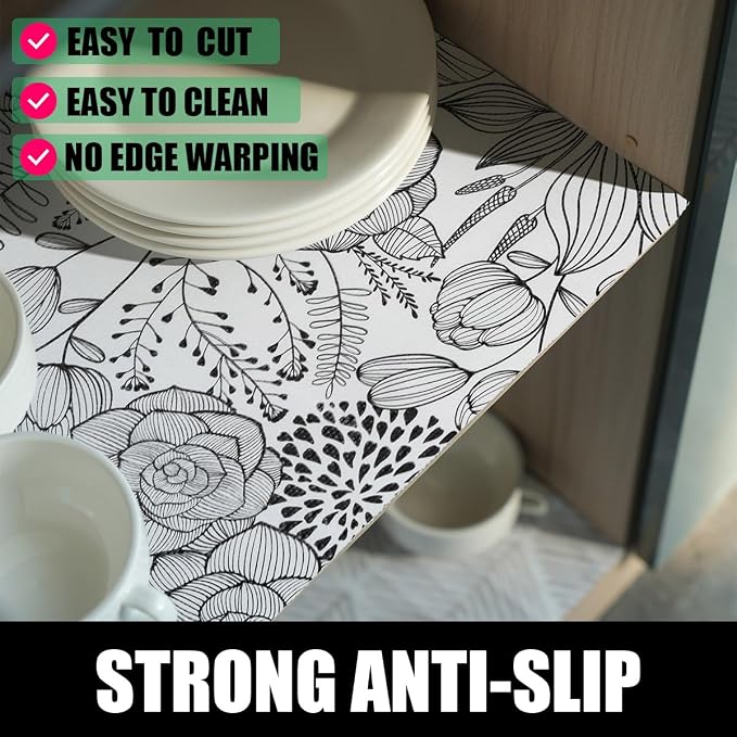 Floral Drawer and Shelf Liner for Kitchen 16IN x 10FT Non-Adhesive | Strong Non-Slip Cabinet Drawer Liners, Waterproof Thickened Shelf Liner,Easy to Clean,Black and White - Image 3