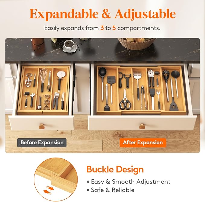 Lifewit Utensil Organizer for Kitchen Drawer, Expandable Cooking Utensil Tray, Cutlery Silverware Flatware Holder, Wood Adjustable Spatula Tools Storage Divider, 15.6-28 x 18.5, Natural - Image 7