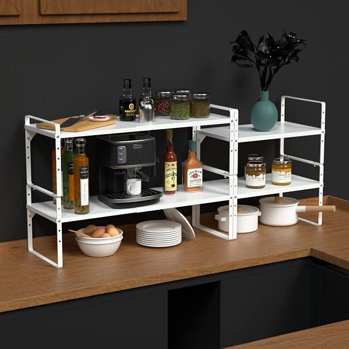 Expandable Cabinet Shelf Organizer, Stackable Kitchen Pantry Counter Storage, Adjustable Closet Cupboard Stand Rack Risers Spice Organization 80LBS Heavy Duty White 2 Pack - Image 7