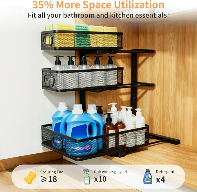 3 Tier Mesh Pull Out Organizer Black 2 Pack Sliding Rack | 2 pack mesh organizers for multi cabinet storage of cleaning tools and household essentials in kitchen and bathroom spaces - Image 5