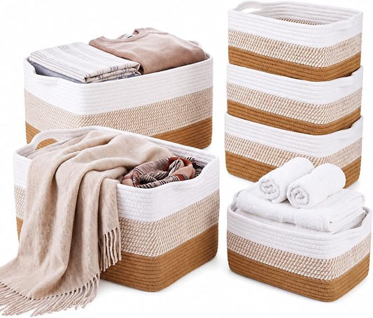 Sawysine Woven Baskets for Storage, 6 Pack Cotton Rope Organizer Bins, 2 Sizes Large 15 x 11 x 10 in and Small 12 x 8 x 6 in, Shelf Basket for Toys, Towels, Clothes, Blankets, Laundry, Nursery by Sawysine