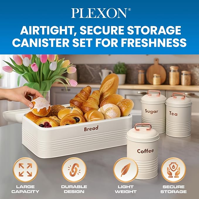 Plexon White Bread Box for Kitchen Countertop with Tea Coffee Sugar Containers Set – Metal Bread Storage Bin with Lid, Kitchen Canister Set of 4, Counter Organizer for Bread, Coffee Bar Pantry - Image 4