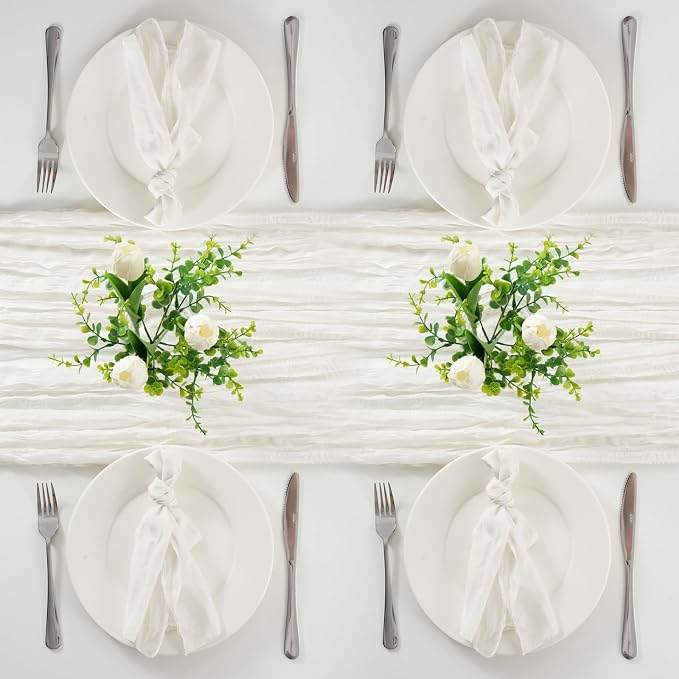 60PCS Ivory White Cheesecloth Napkins and 6PCS Table Runners Set, 19.69x19.69inch Rustic Wedding Napkins and 35x118inch Gauze Table Runner for Wedding Party Boho Table Decor - Image 6