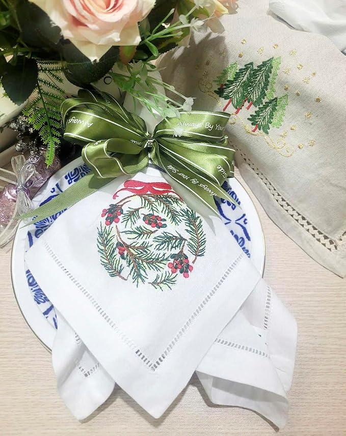 Embroidered Cloth Napkin Pine Ornament Christmas Cotton Napkins Set of 6, 20x20 Hemstitch Table Napkins Machine Washable, Daily & Christmas, Great Present Ideas - Image 6