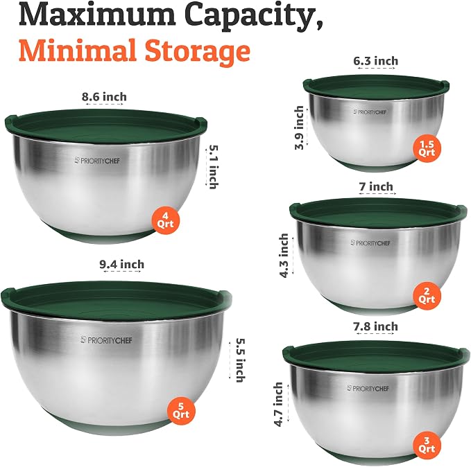 Premium Mixing Bowls With Airtight Lids Set, Thicker Stainless Steel Mixing Bowl Set, Large Prep Metal Bowls with Lids, Nesting Bowls for Kitchen, 1.5/2/3/4/5 Qrt, Green - Image 3
