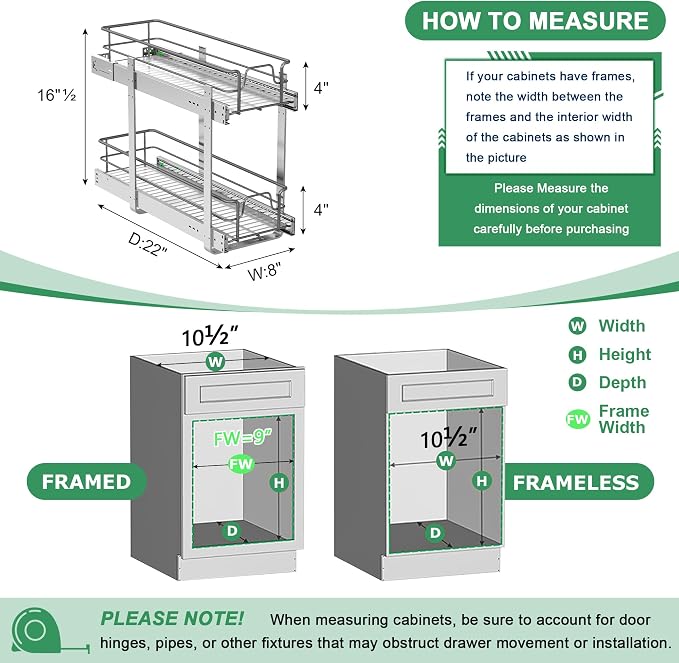 2-Tier Pull Out Cabinet Organizer (8" W x 22" D) | Soft Close Cabinet Slide Out Shelves, Heavy Duty Slide Out Drawers with Shelf Liner for Kitchen Cabinets, Pantry, Bathroom - Image 3