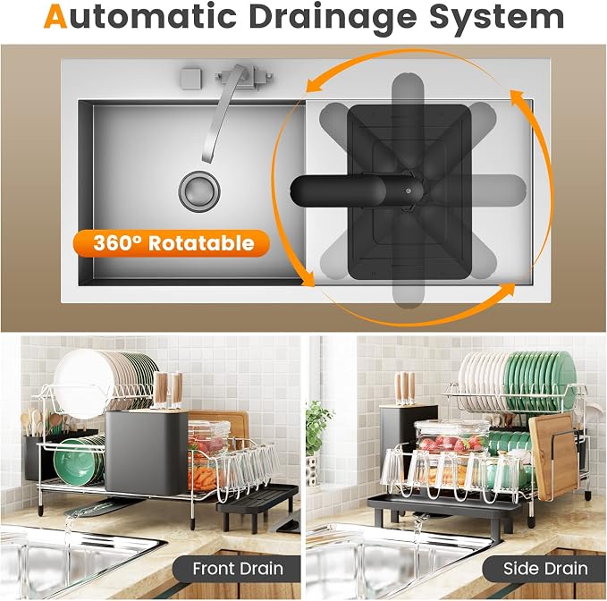 GOFLAME Dish Drying Rack with Drainboard, 2-Tier Detachable Dish Rack with 360°Swivel Spout, Utensil Holder, Cup Holder, Large Capacity Dish Drainer Set for Kitchen Counter - Image 3