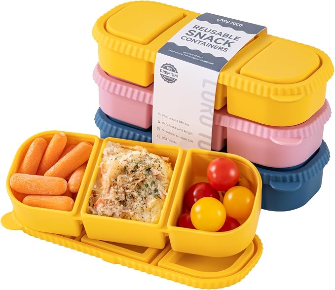 3 Pack Silicone Reusable Snack Containers with Lids - 3 Compartment Snackle Box for Kids & Adults, BPA-Free & Leakproof, Small for Dressing, Sauces, School, Office, Picnic（Blue, yellow, pink） by LOROTOCO