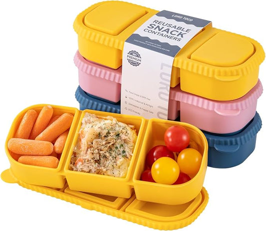 3 Pack Silicone Reusable Snack Containers with Lids - 3 Compartment Snackle Box for Kids & Adults, BPA-Free & Leakproof, Small for Dressing, Sauces, School, Office, Picnic（Blue, yellow, pink） by LOROTOCO