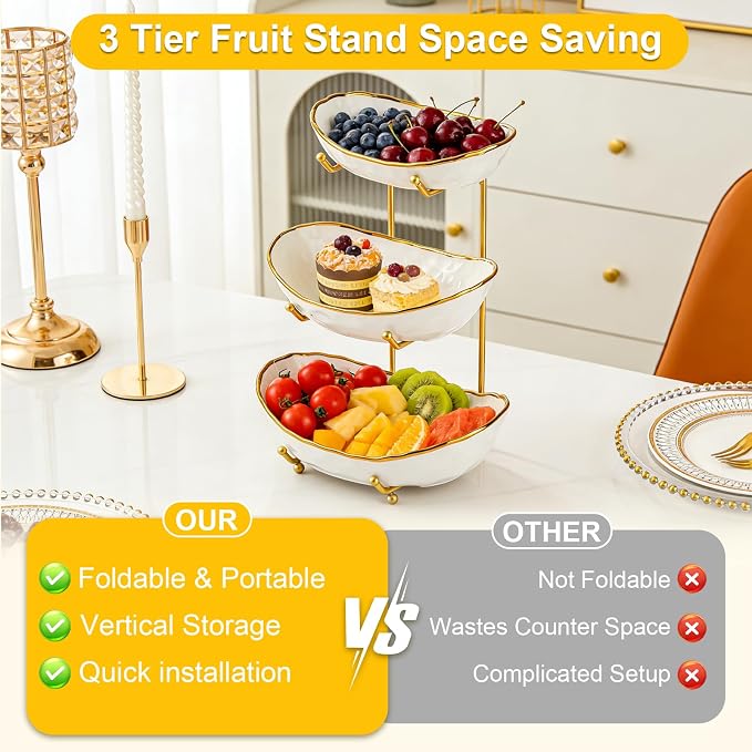 Fruit Bowl 3-Tier Ceramic With Gold Metal Stand Large Space Saving | Decorative Fruit Basket, Large Capacity, Space Saving Design, Ideal For Kitchen And Dining - Image 7