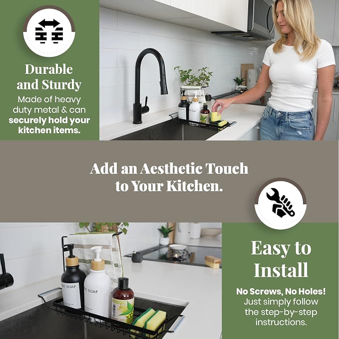 DINEST Expandable Kitchen Sink Caddy Organizer, Stainless Steel Over Sink Sponge, Bottle, Dishcloth, BrushTowel Holder, Rustproof Non-Slip - Small - Image 6
