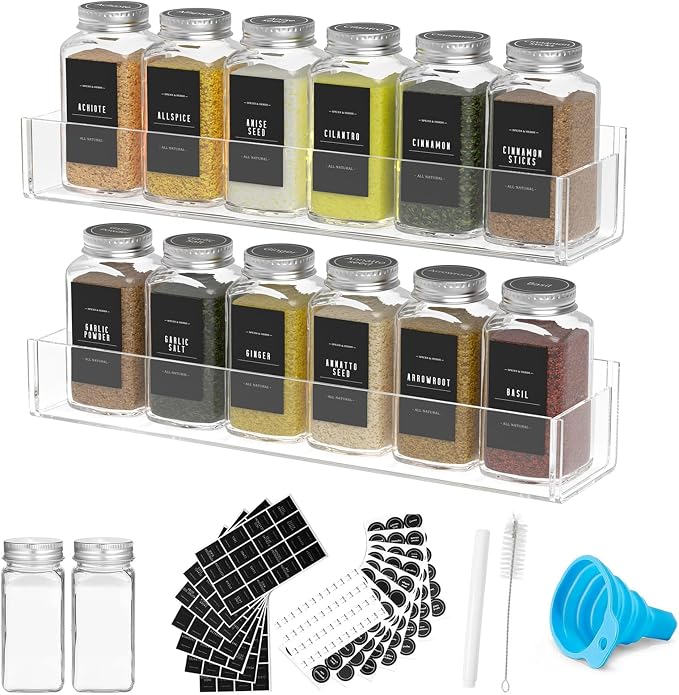 PMMASTO Adhesive Acrylic Spice Rack Organizer with 12 Empty Square Spice Jars, 238 Spice Labels with Chalk Marker and Funnel Complete Set for Kitchen Cabinet/Pantry Door (Clear - 2 Pack) by PMMASTO