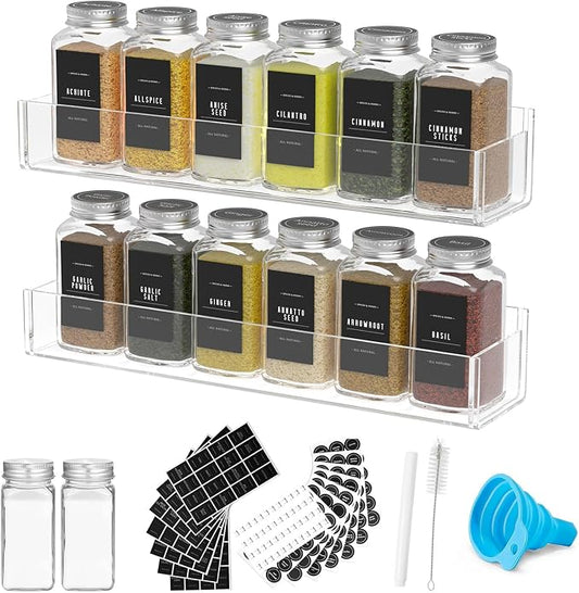PMMASTO Adhesive Acrylic Spice Rack Organizer with 12 Empty Square Spice Jars, 238 Spice Labels with Chalk Marker and Funnel Complete Set for Kitchen Cabinet/Pantry Door (Clear - 2 Pack) by PMMASTO