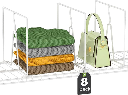 SortNStore Wire Shelf Dividers for Closet: Tall 10.6in x Deep 12in, 8 Pack | Wire Rack Accessories - Adjustable Purse Organizer for Clothes Handbags - Metal Pantry Separators by SortNStore