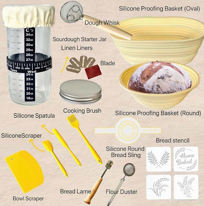 Sourdough Starter Kit, 20PCS Bread Baking Supplies with Banneton Basket | 9 in Round & 10 in Oval Silicone Proofing Bowls, Feeding Jar, Bread Sling, Scrapers, Lame Blades, Stencils - Image 7