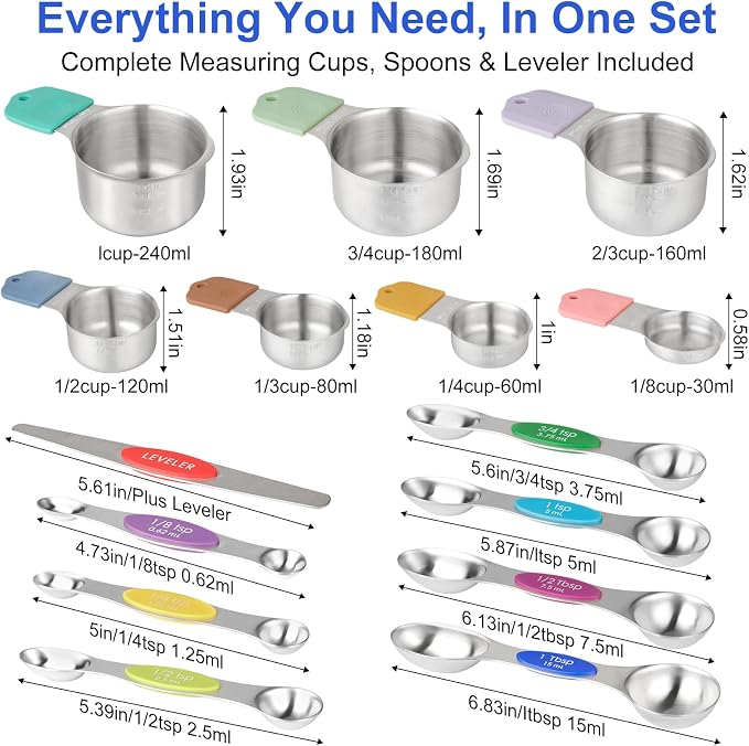 Magnetic Measuring Cups and Spoons Set, Strong N52 Magnets, Heavy Duty 304 Stainless Steel Fits in Spice Jars for Baking & Cooking, BPA Free, Round Set of 15 with Leveler Blackr, Light Colorful - Image 7