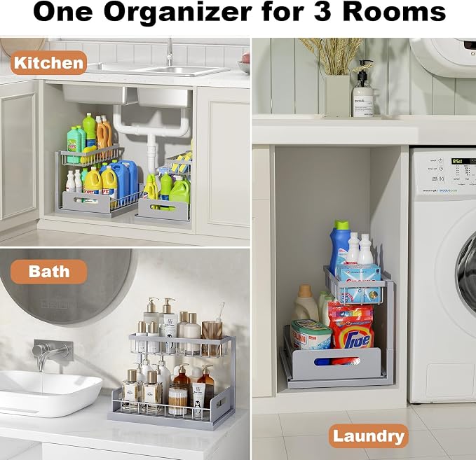 Under Sink Organizer, Pull Out Cabinet Organizer 2 Tier | Slide Out Sink Shelf Cabinet Storage Shelves, Under Sink Storage for Kitchen Bathroom Cabinet, Grey, 1 Pack - Image 7