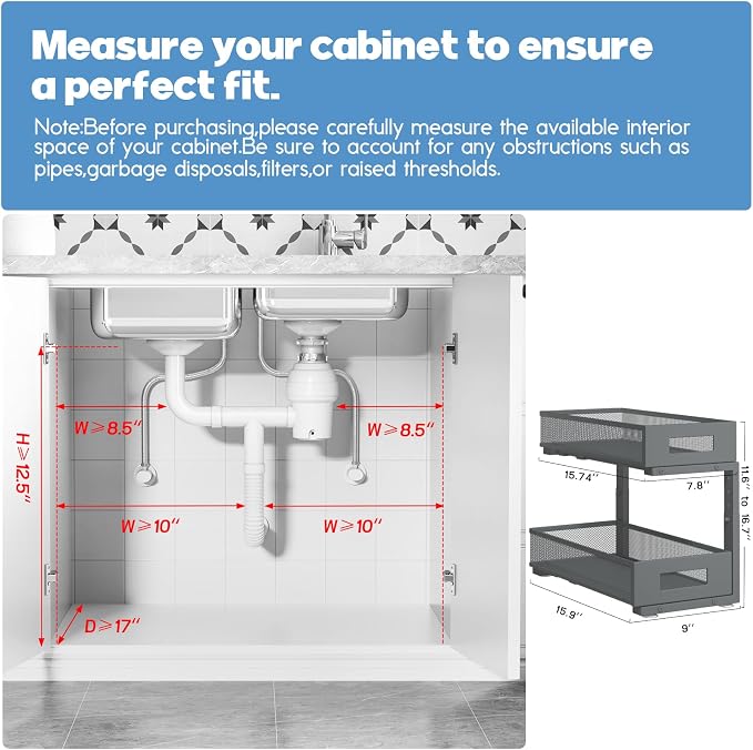 2-Pack Under Sink Organizers And Storage,Large Capacity 2-Tier Pull-Out Cabinet Organizer With Upgraded Tube Rails,Adjustable Height Sliding Drawers,Sturdy Mesh Shelves For Kitchen&Bathroom-Grey - Image 2