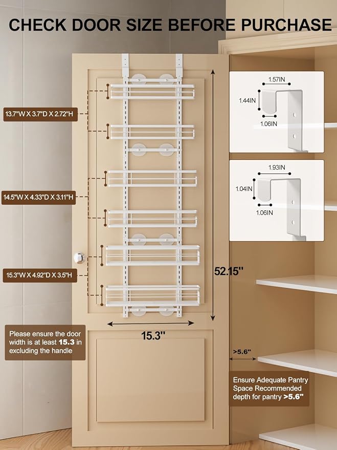 Delamu Over the Door Pantry Organizer, 6 Tier Pantry Door Organizer with Adjustable Basket, Door Spice Rack Seasoning Organizer, Metal Hanging Pantry Organizers and Storage for Kitchen,15.3" White - Image 2
