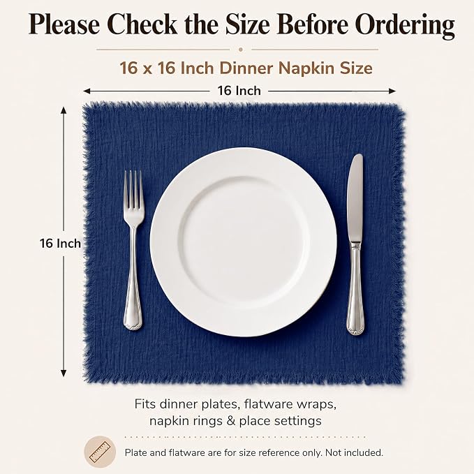 36 Pack Navy Blue Cloth Napkins, 16 x 16 Inch Cotton with Fringe Settings | Handmade washable reusable cotton dinner napkins in bulk for weddings, parties, rustic boho table settings - Image 2