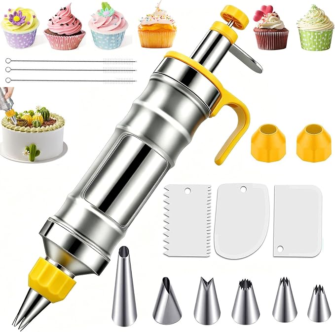 Icing Sets for Cake Decorating, Stainless Steel Icing Piping Kit Cake Decorating Tools, Piping Icing Syringe Set for Cupcake, Dessert Syringe Nozzles, DIY Frosting Baking Tools with 6 Pcs Nozzles | Reusable Piping Bags and Nozzles Set, Icing Piping Kit... by Unknown