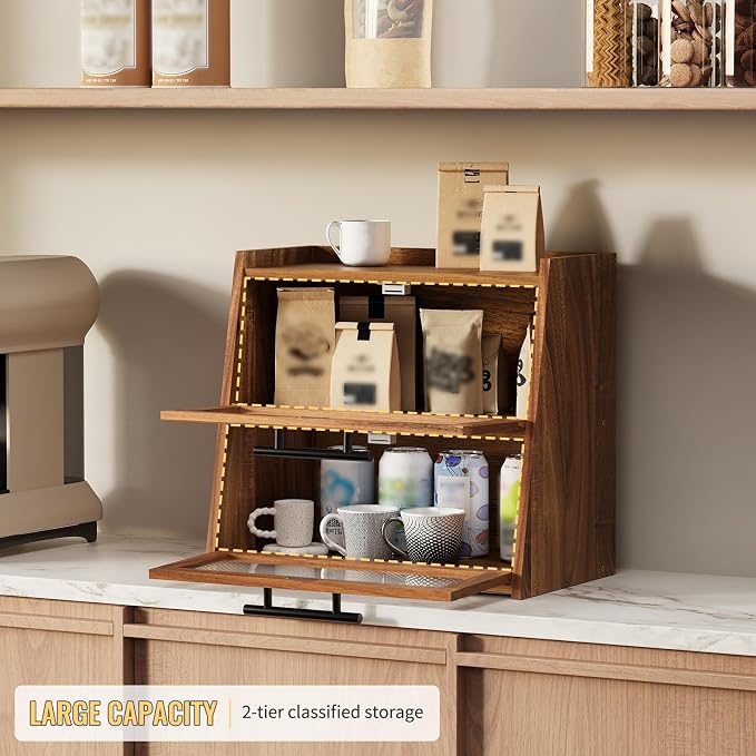 Bread Box for Kitchen Counter,Wooden Double Layer Countertop Bread Storage | Bread Holder Container Bin with Window for homemade bread; Acacia Wood Construction with Metal Handles - Image 7
