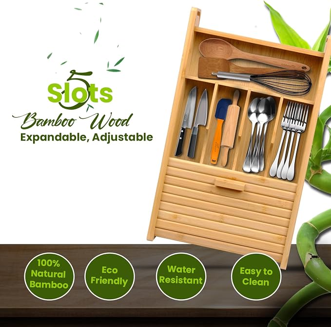 KozyKoala & Co. Bamboo Drawer Organizer with Sliding Lid - 5 Slot Kitchen Drawer Organizer & Utensil Holder - Wood Bamboo Cutlery Tray for Flatware & Multipurpose Storage for Home & Office - Image 6