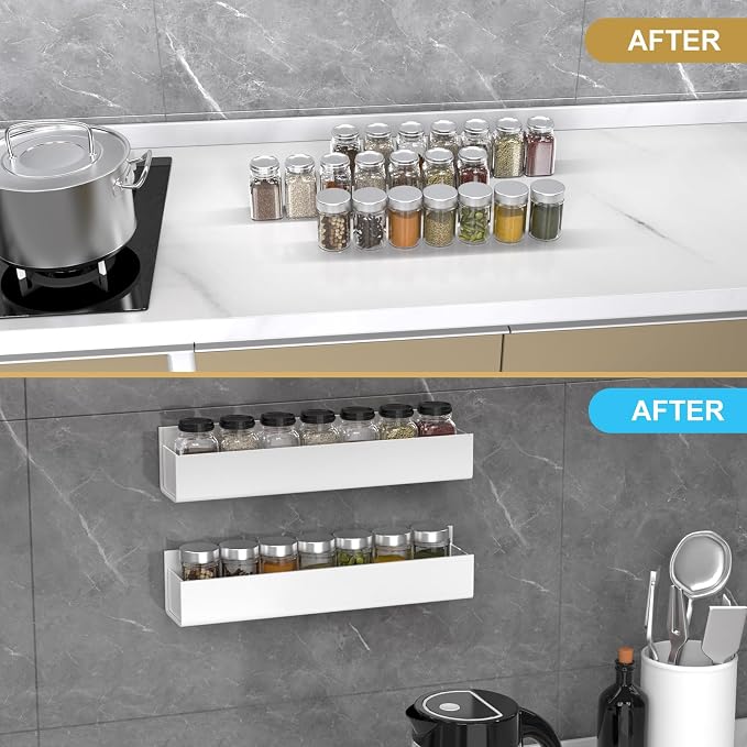 PMMASTO Adhesive Acrylic Spice Rack Organizer for Wall with Nano Double Sided Tape, Spice Shelf Organization for Kitchen Cabinet Door/Pantry Door, Wall Mount Seasoning Rack (White-2 Pack) - Image 6
