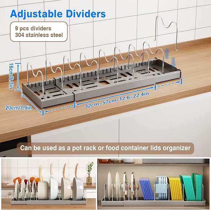 Mustorn Pots and Pans Organizer Under Cabinet, 22" Expandable Food Storage Container Lid Organizers with 9 Adjustable Dividers Pot and Pan Lid Holders Rack Inside Cabinet/Countertop(1 Pack, Gray) - Image 2