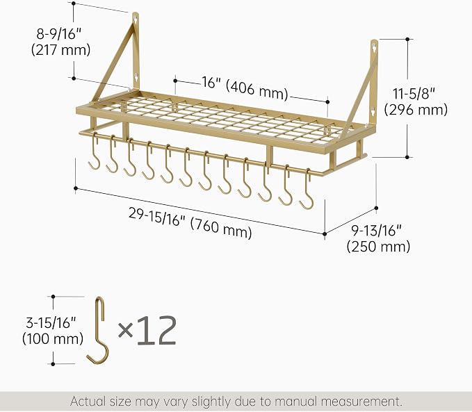 KES 30-Inch Gold Pot Rack, Wall Mounted Hanging Pot and Pan Organizer | 12 Sturdy Hooks, Elegant Modern Kitchen Wall Hanger Shelves, KUR215S75A-GD - Image 6