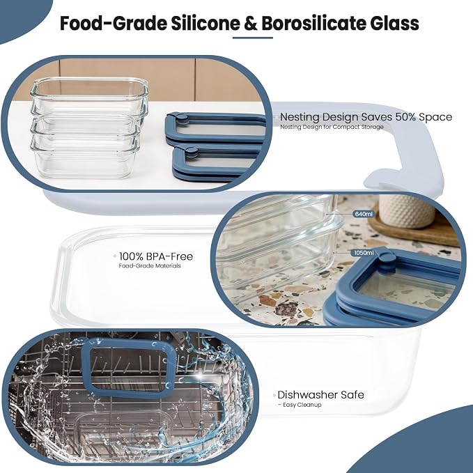 Taree Glass Food Storage Containers with Glass Silicone Lids,22/35oz, Blue | Meal prep,office lunches&eftover storage,borosilicate glass,microwave safe reheating with steam vent,BPA free,dishwasher safe - Image 6