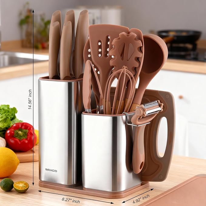 Utensil Sets,18-Piece Silicone Cooking Utensils and Knife Set,Mousse | Dishwasher-Safe Kitchen Utensils,Large Capacity Countertop Organizer for Knives,Utensils,Cutting Board - Image 2