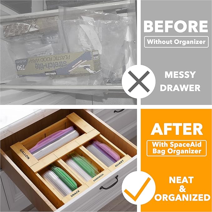 SpaceAid Bamboo Drawer Dividers with Inserts and Labels, 4 Dividers with 9 Inserts (17-22 in), Bag Storage Organizer (4 Pack) - Image 3