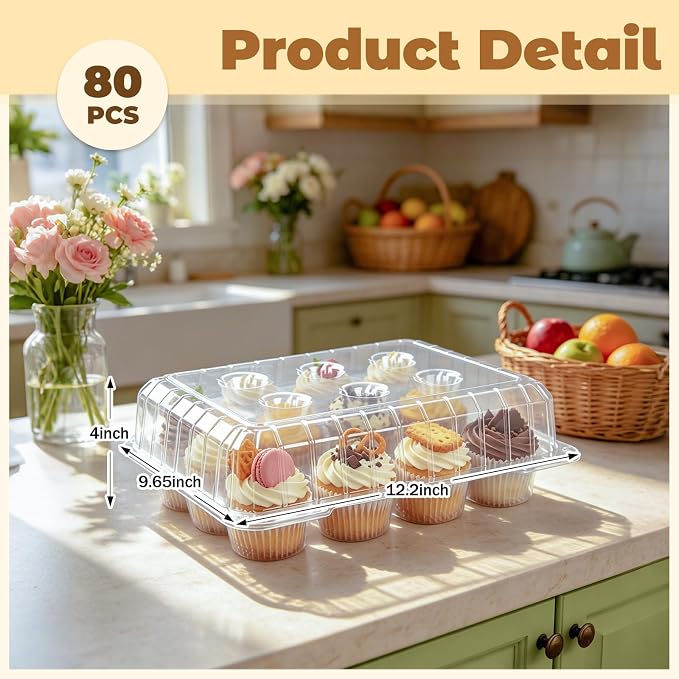 JarThenaAMCS 80 Pack Plastic Cupcake Containers 12-Compartment Clear Boxes Disposable Cupcake Tray Holders 12 Cavity Dessert Carriers with Deep Dome for Muffin Packaging - Image 2