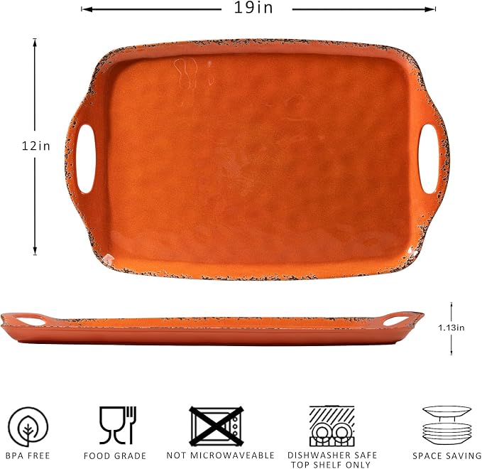 Melamine Serving Tray with Handles, 19“ x 12" Vintage Rustic Large Rectangular Melamine Serving Platter for Serving Food, Breakfast Tray, Set of 2, Dishwasher Safe, Orange - Image 6