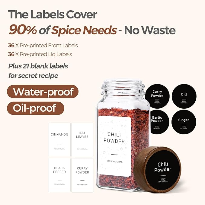 ComSaf Glass Spice Storage Jars with Acacia Wood Lids & Labels 4Oz 24Pack | Seasoning Container for Cooks, Herbs Pepper Salt Cinnamon Paprika, Spice Rack & Drawer, Canister with Shaker Insert & Funnel - Image 6