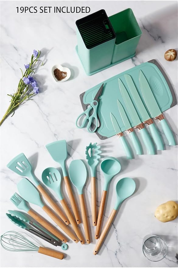 19 Pieces Kitchen Utensils and Knife Set with Block, Inldued 9 Pieces Silicone Cooking Utensils Set 5 Pieces Sharp Stainless Steel Chef Knives Scissors Whisk Tongs and Cutting Board (BEIGE) - Image 7