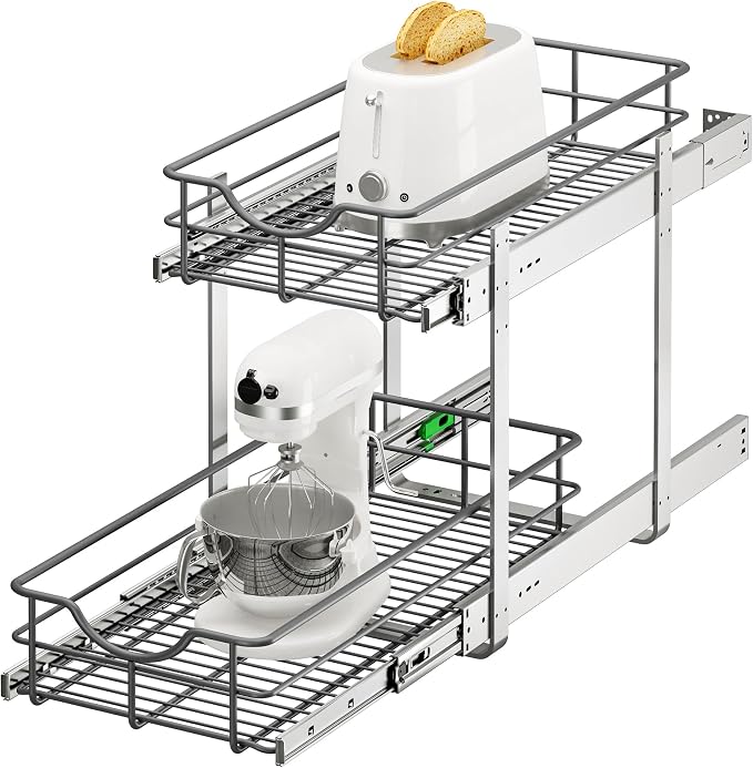 2 Tier Pull Out Cabinet Organizer - 11" W x 22" D Soft Close Slide Out Shelves with Shelf Liners - Pullout Drawers for Kitchen Cabinets, Pantry, Bathroom, Heavy Duty Steel Wire Baskets by Unknown