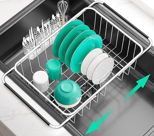 Large Sink Dish Drying Rack, Expandable 304 Stainless Steel Metal Dish Drainer Rack Organizer Shelves with Stainless Steel Utensil Holder Over Inside Sink, Rustproof by SwetLao