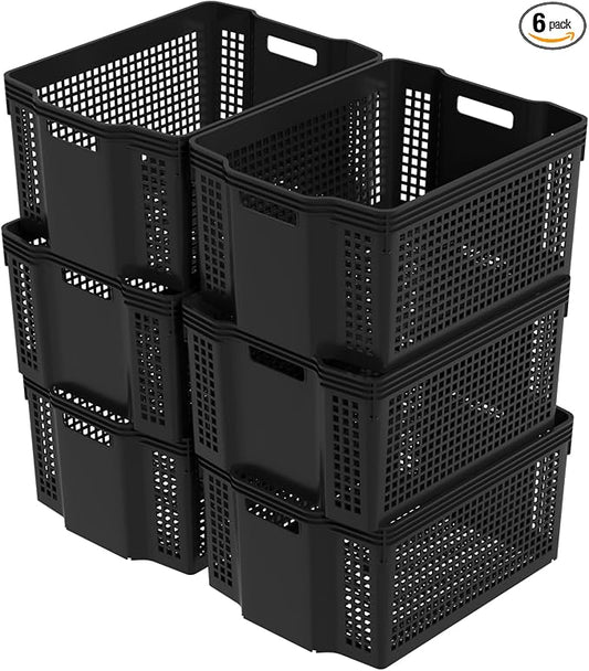 Stackable Woven Plastic Storage Baskets, 6 Pack Container Tote | Shelf Organizer Bins for Pantry and Cabinet, 14.8 x 10.9 x 7.1 in, Nest and Stack, Black by Yesdate