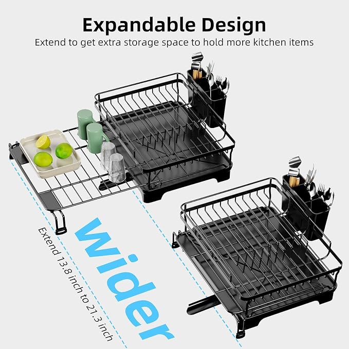 Dish Drying Rack, Extendable Dish Rack, Large Sink Drying Dish Drainer for Kitchen Counter, Carbon Steel Dish Strainer with Utensil Holder,Black - Image 5