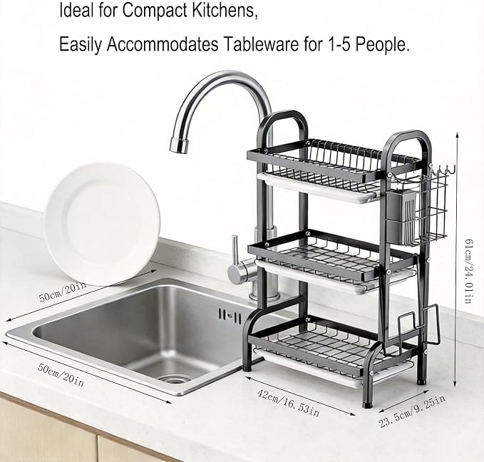 KUK 3 Tier Dish Drying Rack, Stainless Steel Over The Sink Dish with Drain Tray, Kitchen Dishes Drying Racks, Dish Racks for Kitchen Counter Storage (Black) - Image 3