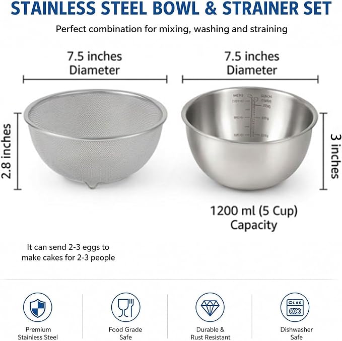 18/8 Stainless Steel Colander with Mixing Bowl, 1.5QT | 1 nesting mixing bowls with measurement marks and 1 fine 30-mesh strainers for rice,vegetables, pasta, baking, and food prep - Image 2