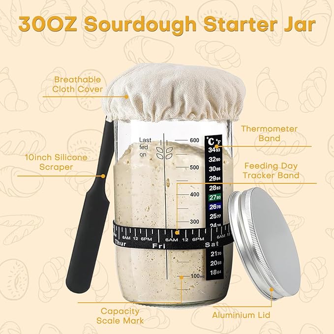 Sourdough Starter Kit, Sourdough Kit Include Banneton Proofing Basket, Sourdough Starter Jar, Bread Lame, Dough Scraper, Dough Whisk Scraper and Silicone Bread Sling - Image 4