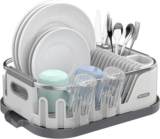 MR.SIGA Dish Drying Rack for Kitchen Counter, Compact Plastic Dish Drainer | Kitchen drying rack for dishes, cups, knives, spoons and forks, removable drainboard by MRSIGA