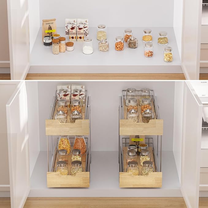 Sikarou Pull Out Cabinet Organizer,Heavy-Duty Slide Out Shelf, Wood and Wire Basket, Pull Out Drawer for for Kitchen Under Sink Space, Pantry, Bathroom, 2 Tie 9 * 21 in - Image 6