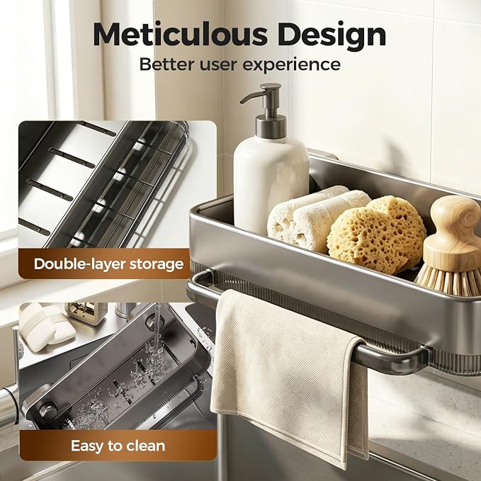 Sponge Holder for Kitchen Sink,2026 Sink Caddy Organizer with Suction Cups,Rustproof Kitchen Storage Rack for Sponge,Soap,Stopper,Brush (1, A-Grey) - Image 4