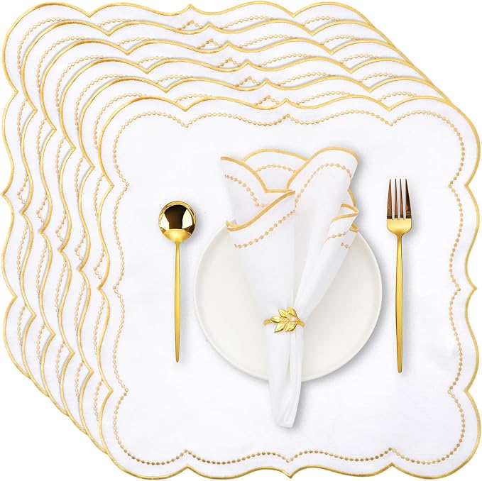 Hahafelt 6 Set Cloth Napkins 18x18inches Scalloped Embroidery Cloth Napkins Washable Polyester Table Dinner for Hotel Restaurant Weddings Events Parties (Gold) by Hahafelt