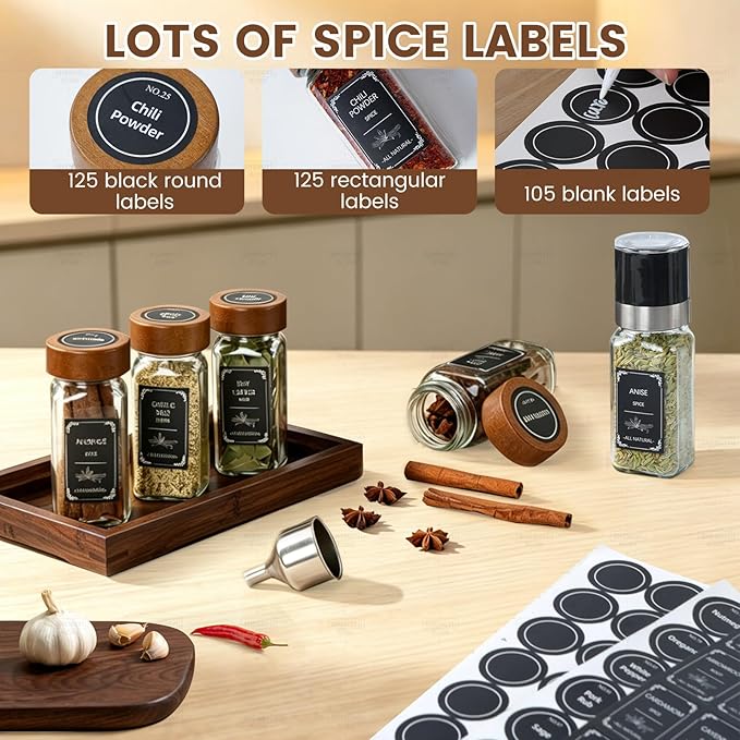 2 Pack Spice Rack with 24 Spice Jars, 4OZ Wood Lid Spice Containers with Expandable Spice Organizer Shelf, Spice Labels, Pepper Grinder Lids, Chalk Marker & Funnel Set for Drawer Kitchen Countertop - Image 5
